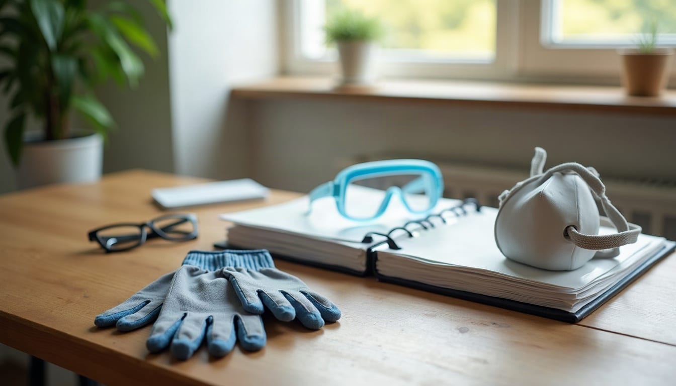 Arbeitstisch mit Schutzhandschuhen, Schutzbrille und Atemschutzmaske neben einem geschlossenen Ordner im Tageslicht