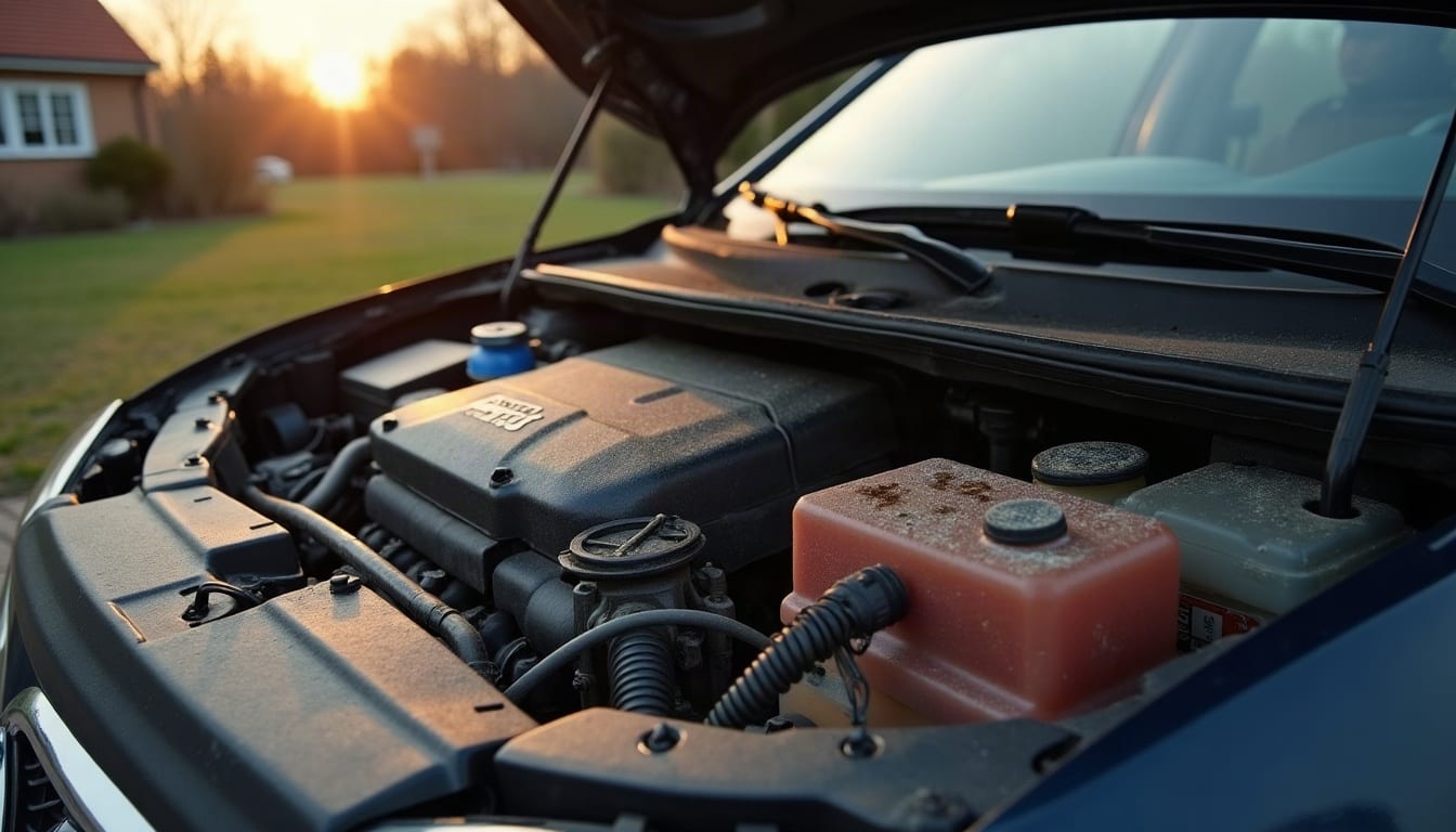 Geöffneter Motorraum eines Autos mit angebissenen Schläuchen und Pfotenspuren – typische Marderspuren