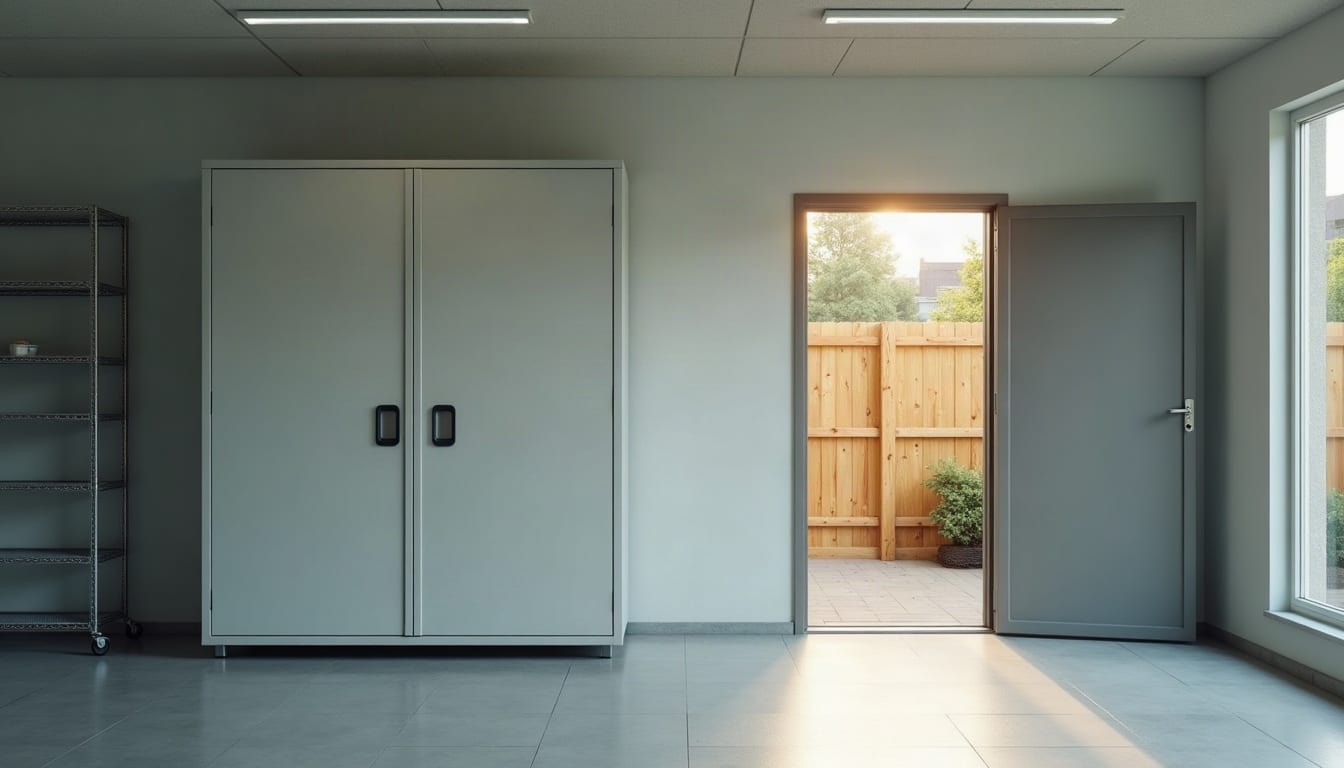 Abgeschlossener Metallschrank in einem aufgeräumten Fachlager neben einem hellen privaten Gartenhaus als Sinnbild für unterschiedliche Verwendergruppen