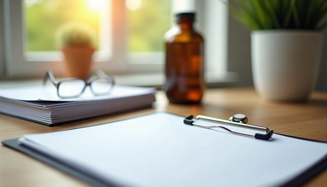 Aufgeräumter Arbeitstisch mit Papierstapel, Klemmbrett und Brille im Tageslicht als Sinnbild für Produktunterlagen