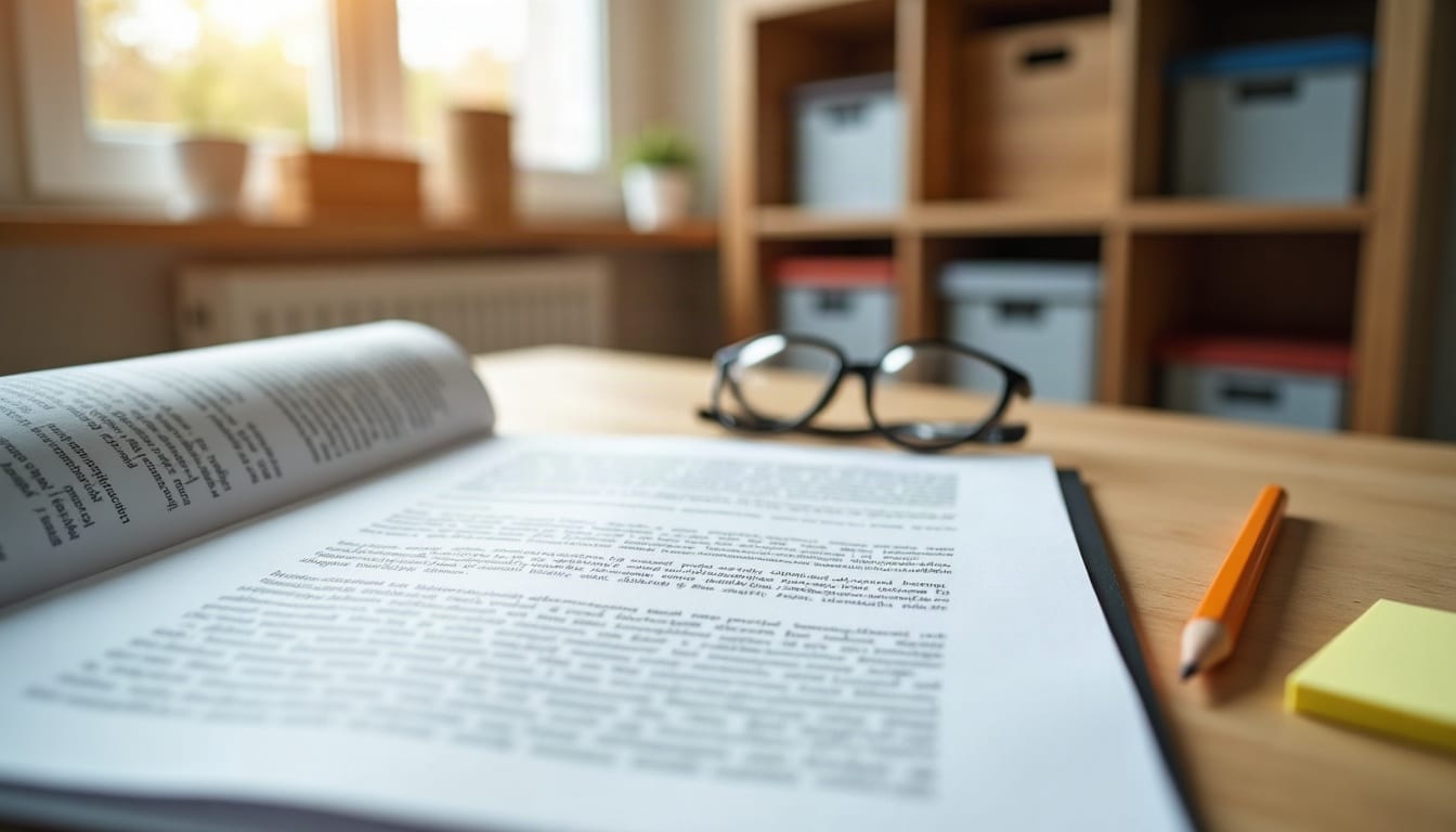 Schreibtisch mit ausgedrucktem Fachdokument, Lesebrille und Bleistift im weichen Tageslicht, als Sinnbild für das Lesen eines Datenblatts