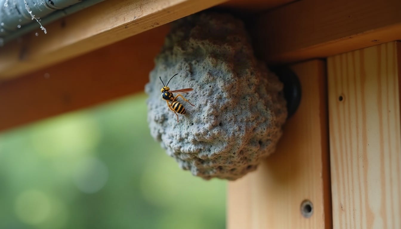 Graues Wespennest unter einem Dachvorsprung aus Holz, auf dem einige Wespen sitzen, im weichen Tageslicht