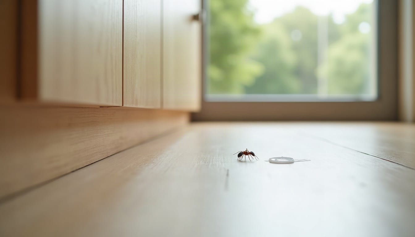 Küchenecke mit Sockelleiste, an der ein kleiner Gelköderpunkt in einer Ritze liegt und eine Ameisenspur vorbeiführt