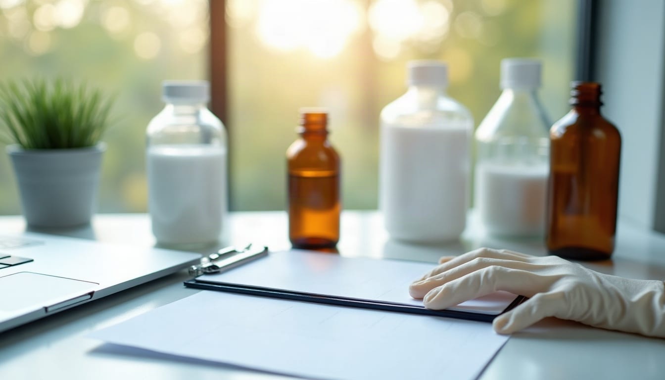 Aufgeräumter Labortisch mit neutralen Probengefäßen, Handschuhen und Klemmbrett bei Tageslicht als Sinnbild für die Produktprüfung
